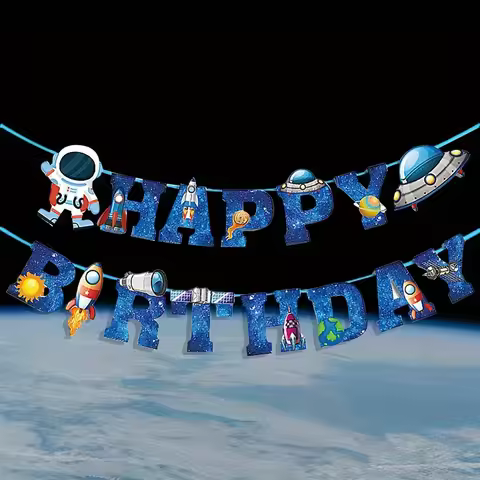 1Set Space Astronaut Happy Birthday Banner Rocket Astronaut Theme Cake Table Party Decoration Pull F