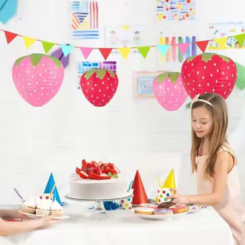3PCS Pink Red Color 3D Strawberry Lantern 3D Design Handheld Type Children's Lantern Strawberry Shap