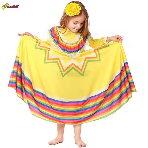 Girls Traditional Folk Mexican Cosplay Dress Halloween Costume Kids Mexico Carnival Birthday Party F