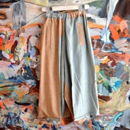 TIMBEE LO 藍啡色粗條子棉麻闊腳武士褲 拼色尖角褲腳口7分長褲