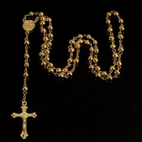 6MM imitation gold iron bead rosary necklace, high quality rosary necklace, beautiful cross pendant 