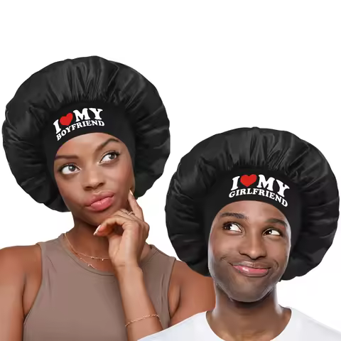 Printed I Love My Girlfriend' & 'I Love My Boyfriend Satin Sleep Cap with Elastic Wide Band Couples 