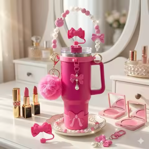6pcs Coquette Accessories Set for Stanley 40oz 30oz Tumbler Bow Straw Cover, Pearl Handle Chain, Sil
