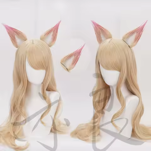 LOL League of Legends KDA Ahri Cosplay Wig Long Straight Blonde Curly Synthetic Hair + Ears +Wig Cap
