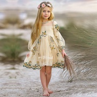Beige Baby Kids Girls Formal Fairy Dress Autumn Winter Flower Embroidery Princess Dress  Birthday Ou