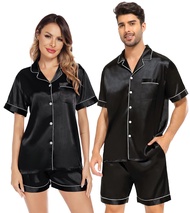 Satin Matching Pajamas Sets Couple Silk Button Down Nightwear Short Sleeve Sleepwear 2 Pieces Lounge