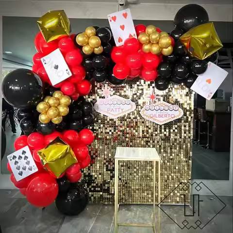 88pcs Red and Black Casino Balloon Arch Wreath Set, Starry Crown Dice Poker, Las Vegas Casino Theme 