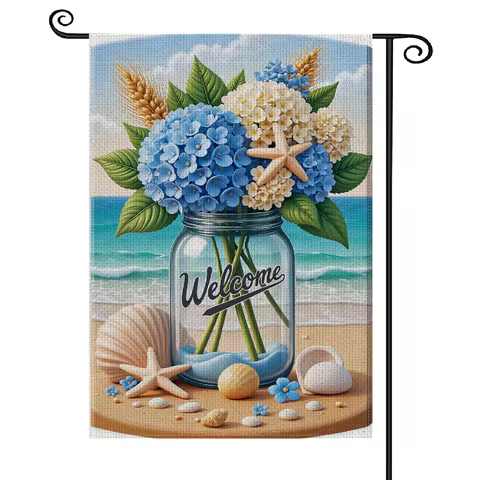 30x45cm Coastal Welcome Garden Flag Floral Pattern Seaside Yard Flag Starfish Accent Seashell Decora