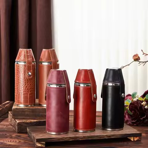 8OZ Leather Hip Flask Whiskey Pockets Liquor Flask for Alcohol Stainless Steel