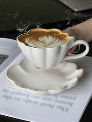 時尚設計師陶瓷咖啡杯套裝，歐式風格白色雲形陶瓷花卉設計咖啡杯套組，適用於早餐搭配牛奶，1套（杯子+茶碟）