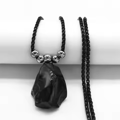 Boho Obsidian Natural Stone Bead Lucky Necklace Pendant Women Stainless Steel Black Color Chain Neck