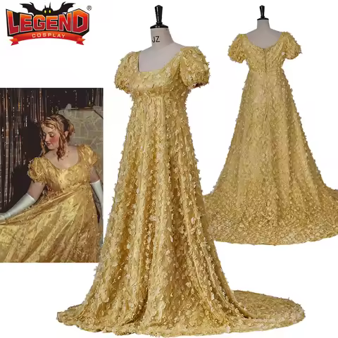 Daphne Cosplay Costume Victorian Regency Golden Lace High Waistline Ball Gown Tea Party Dress Jane A