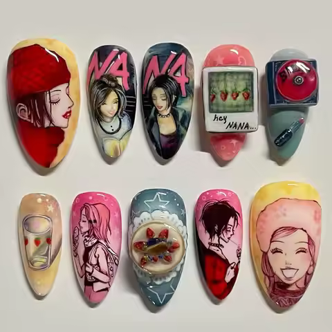 24pcs Anime Pattern Nails Tips Colorful Almond Press on Nails Art Ornament for Girls Wearable Cute F