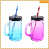 Pet home  2Pcs/Set 480ML Mason Jar with Handle &amp; Straw in Caddy Drinking Glass Jar Lid MYHE