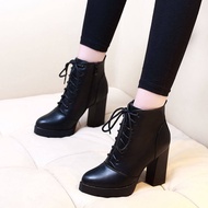 HNM TOP★รองเท้าบูท Martin ส้นสูงสำหรับผู้หญิงพื้นรองเท้าหนารองเท้าหนังสีดำ Sepatu BOOT Pendek แบบผูก