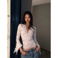 MINGYI y2k style lace shirt with v-neck, flared sleeves, personality slit A376