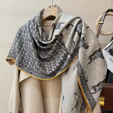 Double sided! Silk Wool Scarf Women's Designer Horse Silk Wraps and Shawls for Ladies 135cm Big Size