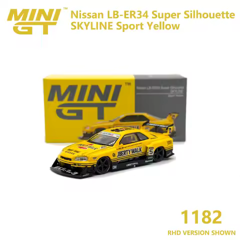 LBWK 1:64 MiniGT 1182 LB-ER34 Super Silhouette Skyline Sport Yellow Liberty Walk RHD MGT01182 Diecas