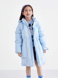 Annil兒童服飾女童中長款冬季羽絨外套,大碼加厚保暖連帽防寒家居服外套（淺藍色）