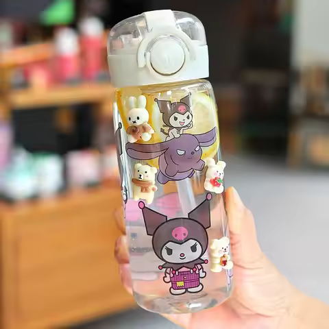 400ml Sanrio Hello Kitty Water Bottle Transparent Straw Water Bottle Diy Anime Kuromi Cinnamoroll Pl