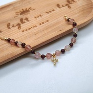 天然石榴石 草莓晶 櫻花雨薔薇輝石 包14K金十字架吊墜手鍊/信仰