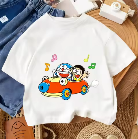 Kids Soft Crew Neck T Shirt Doraemon 2026 Summer Casual Street Fashion Daily Wear 3-14 Age