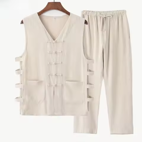 Men's Short Sleeve Linen Set Summer Clothing for Middle-Aged And Elderly Grandpa Traditional Hanfu D