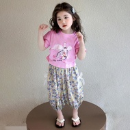[Ready Stock Free Shipping 90-150 Size] Girls Suit Lace Printing T-shirt+Anti-Mosquito Pants Set Sum