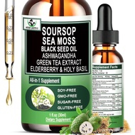 Soursop Drops,Soursop Bitters Liquid with Sea Moss Black Seed Oil Green Tea Extract Ashwagandha Elde