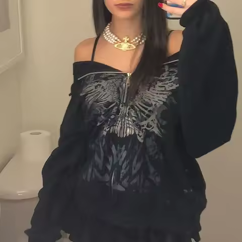 Y2K Gothic Butterfly Print Zip Up Women Hoodies 2025 Winter Grunge Skeleton Sweatshirt Casual Hooded