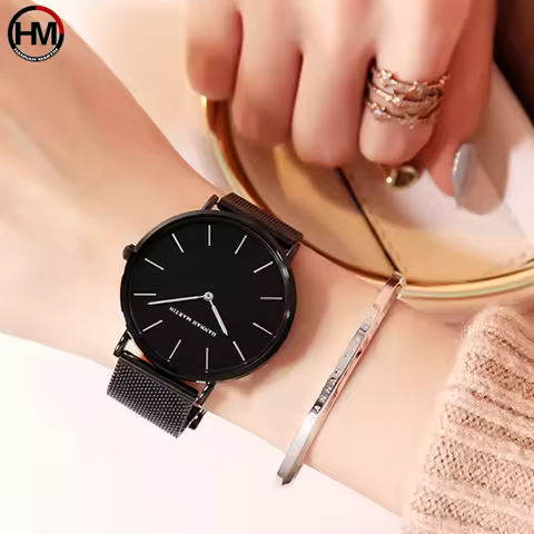 Hannah Martin Women Quartz Watches Simple Mesh Design Waterproof Stainless Steel Ultra Thin Dial Lad