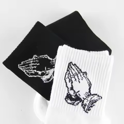 Fashion Skate Cotton Crew Socks of Virgin Mary Gesture Pattern for Men Women Hip Hop Funny Novelty W