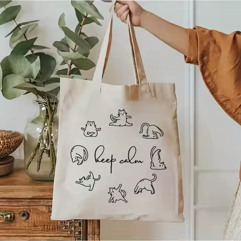 Line Art Various Yoga Cat With Keep Calm Letter Print Canvas Tote Bag Soft Handbag For Daily Commute