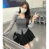 夏季扎染雪紡衫長袖襯衫女上衣+灰色牛仔吊帶+百褶半身裙三件套裝