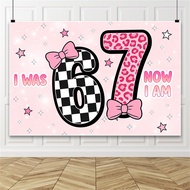 I Was 6 Now I Am 7 Backdrop Checkered Leopard Print Bow Background for Girls 7th Birthday Party Deco
