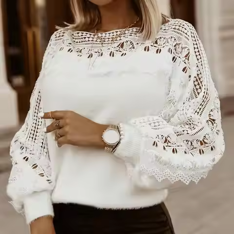 Women's fashion pure white floral hollow long-sleeved puff sleeve sweater autumn and winter hedging 