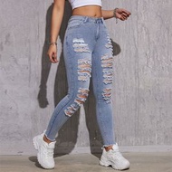 女裝大碼破洞牛仔褲女亞馬遜修身鉛筆彈力小脚褲子