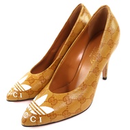 全新GUCCI x adidas 712221三葉草標誌尖頭GG水晶高跟鞋，駝色，35碼，附防塵袋，義大利製造