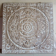 White Wash Mandala Wood Carving Panel 90 x 90 Cm Wooden Carved Plaque Square Wood Carved Headboard A