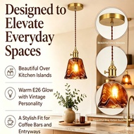 Vintage Amber Glass Pendant Light with Brass Gold Socket E26/7 Holder and Switch,Adjustable Cord Car