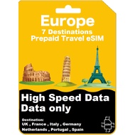 【eSIM】 Europe 7 Destination High Speed Data eSim 【UK】【France】【Netherlands】【Germany】【Italy】【Spain】【Po