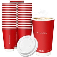 Disposable Coffee Cups with Lids 16 oz (20 Pack), Red Double Wall Insulated Coffee Cup for To Go Hot