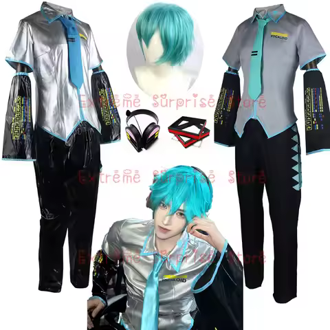 European Size Male Miku Cosplay Costume Wig Full Set Silver Leather Cloth Fabric Suit Mikuo Male Sty