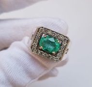 天然深綠祖母綠男士戒指 925 純銀祖母綠戒指