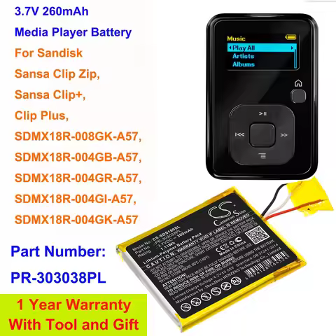 Cameron Sino 3.7V 260mAh Media Player Battery PR-303038PL for Sandisk Sansa Clip Zip, Clip+, Clip Pl