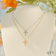 QVY Cubic Zirconia Cross Necklace for Women 14K Gold Plated Necklace with Dainty CZ Cross Pendant Stainless Steel Jewelry Trendy Holiday Christmas Gifts for Her [CXN-P]