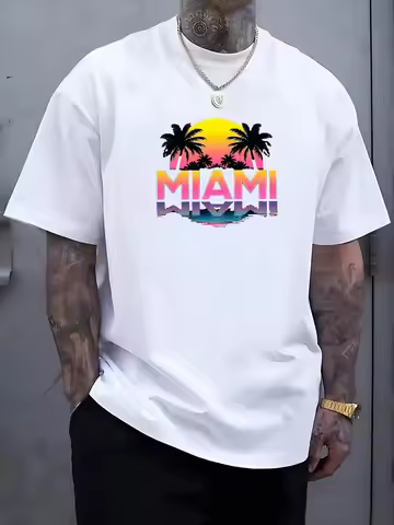 Fashion Mens White Basic Tee Vibrant Sunset Palm Silhouette Miami Water Mirror Text Florida Coastal 