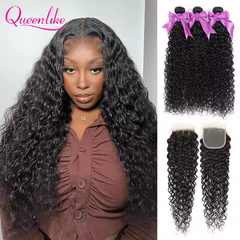 Water Wave Human Hair Bundles with Closure Brazilian Raw Hair Bundles with 5x5/6x6 Closure 34 36 38 