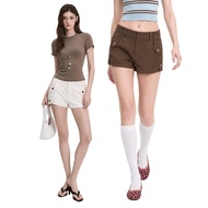 Women's Soft Khaki Shorts with Y2K Style Button Pockets, Elastic Waist on Both Sides THE L STUDIOS