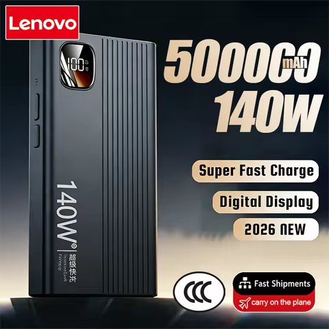 Lenovo 500000mAh 140W PowerBank Super Fast Charge Portable Powerbank External Battery Charger LED Di